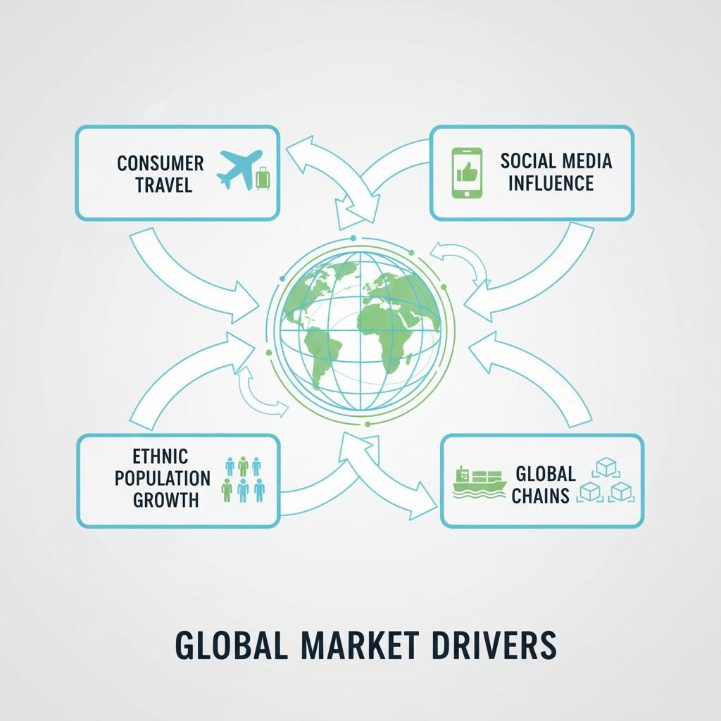 An infographic illustrating the interconnected global market drivers, featuring categories such as Consumer Travel, Social Media Influence, Ethnic Population Growth, and Global Supply Chains, and their impact on worldwide commerce.