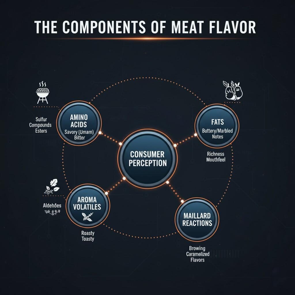 An insightful infographic detailing the key components of meat flavor—including amino acids, fats, Maillard reactions, and aroma volatiles—and how each element contributes to the central concept of "consumer perception" for a comprehensive understanding of what makes meat taste great.