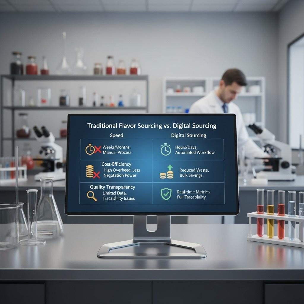 This comparison chart visually contrasts Traditional Flavor Sourcing with Digital Sourcing, highlighting significant improvements in speed, cost-efficiency, and quality transparency. An essential visual for blogs discussing supply chain optimization, food industry digitalization, and the benefits of modern ingredient procurement in a laboratory setting.