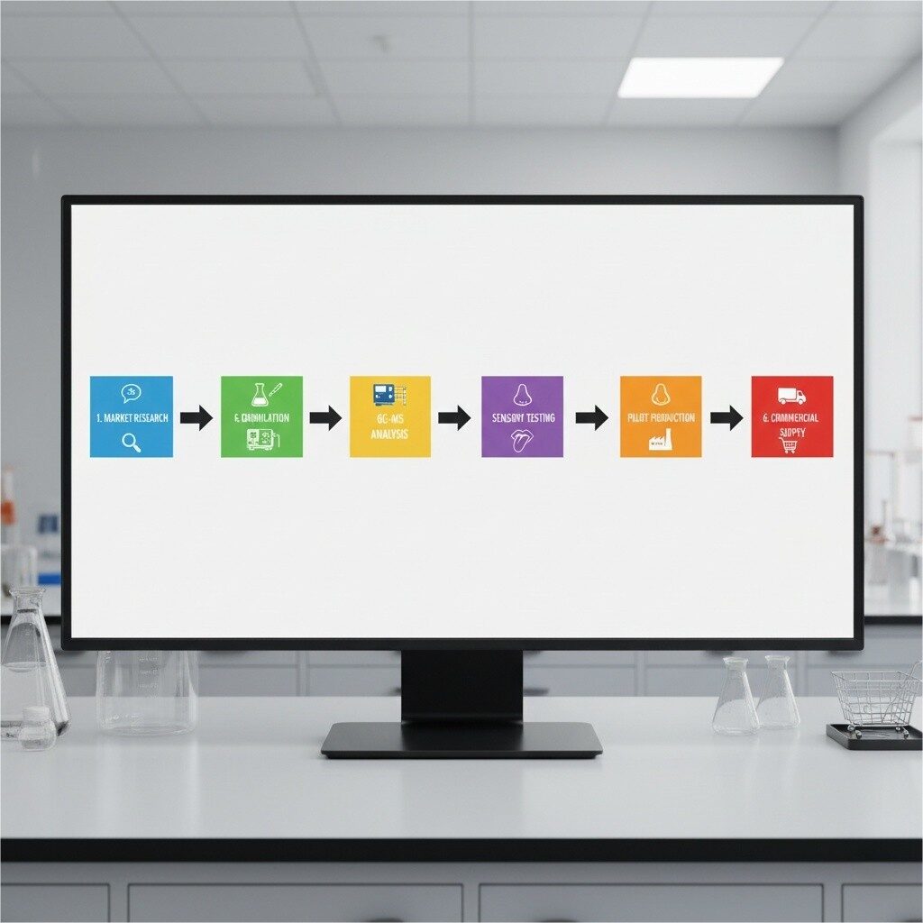 A clear and concise flowchart visually outlining the six key stages of flavor development, from initial market research and formulation to advanced GC-MS analysis, sensory testing, pilot production, and final commercial supply. Ideal for understanding the systematic approach to bringing new flavors to market.