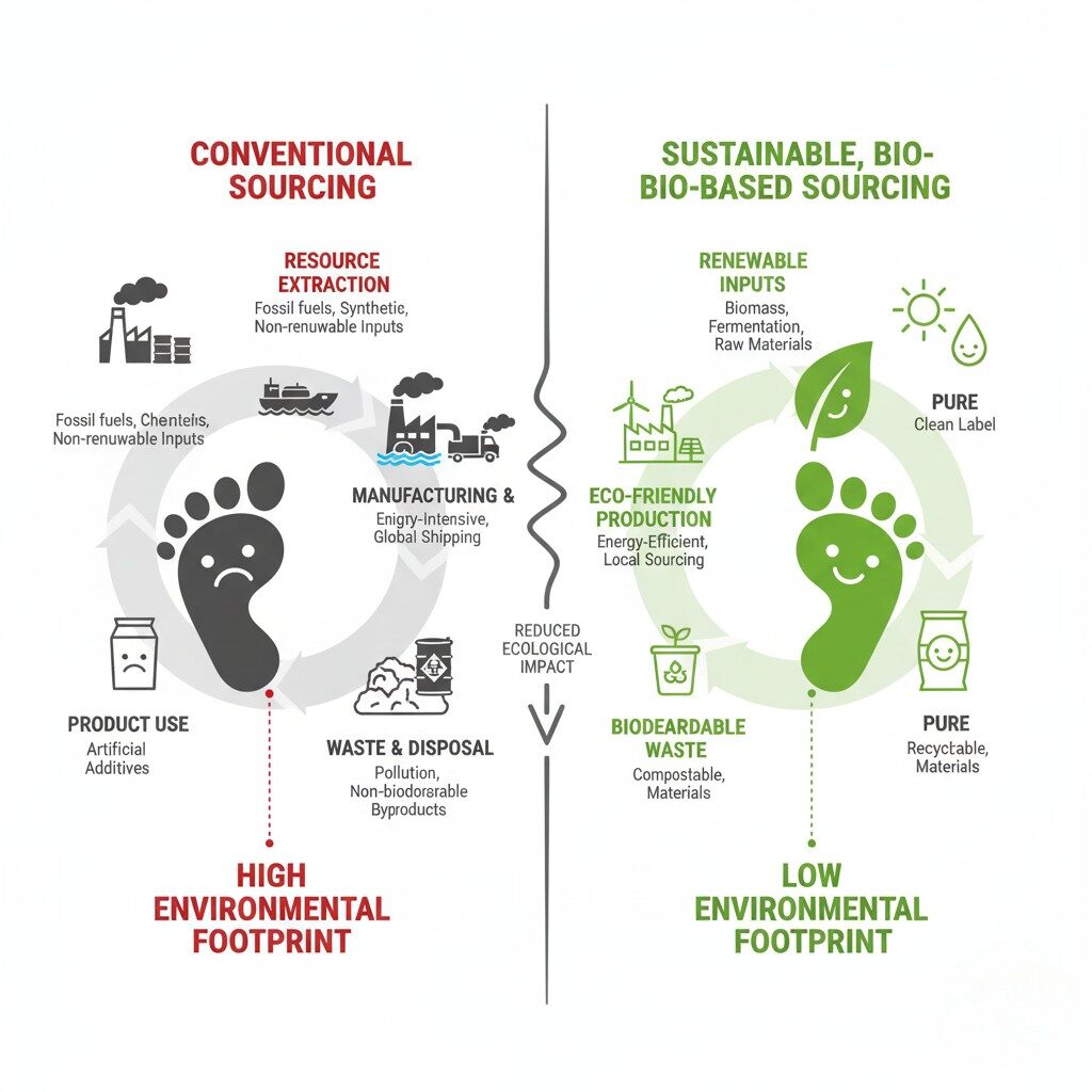 This lifecycle diagram compares the environmental footprint of conventional flavor sourcing (showing high resource extraction, energy-intensive manufacturing, and significant waste) against sustainable, bio-based flavor sourcing (highlighting renewable inputs, eco-friendly production, and biodegradable waste for a significantly lower ecological impact).