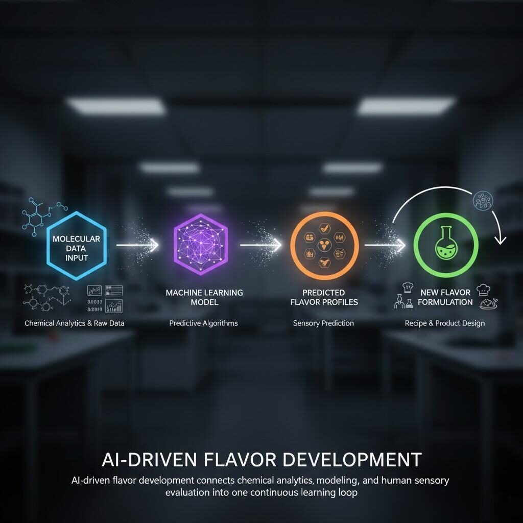 A detailed diagram illustrating the AI workflow in flavor research and development. From molecular data input and machine learning models to predicted flavor profiles and new flavor formulations, see how AI creates a continuous learning loop for innovative taste experiences.