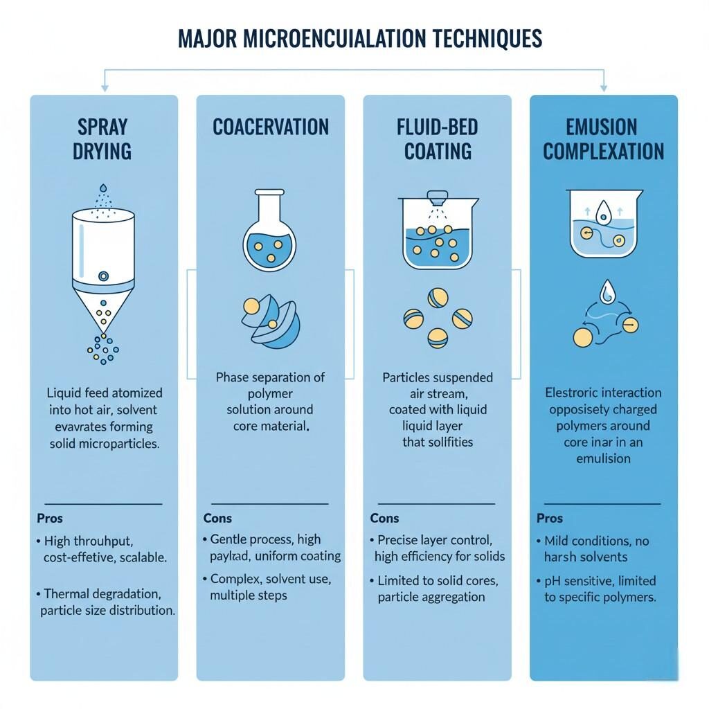 A comprehensive flowchart comparing major microencapsulation techniques including spray drying, coacervation, fluid-bed coating, and emulsion complexation, with visuals and brief descriptions for each process.