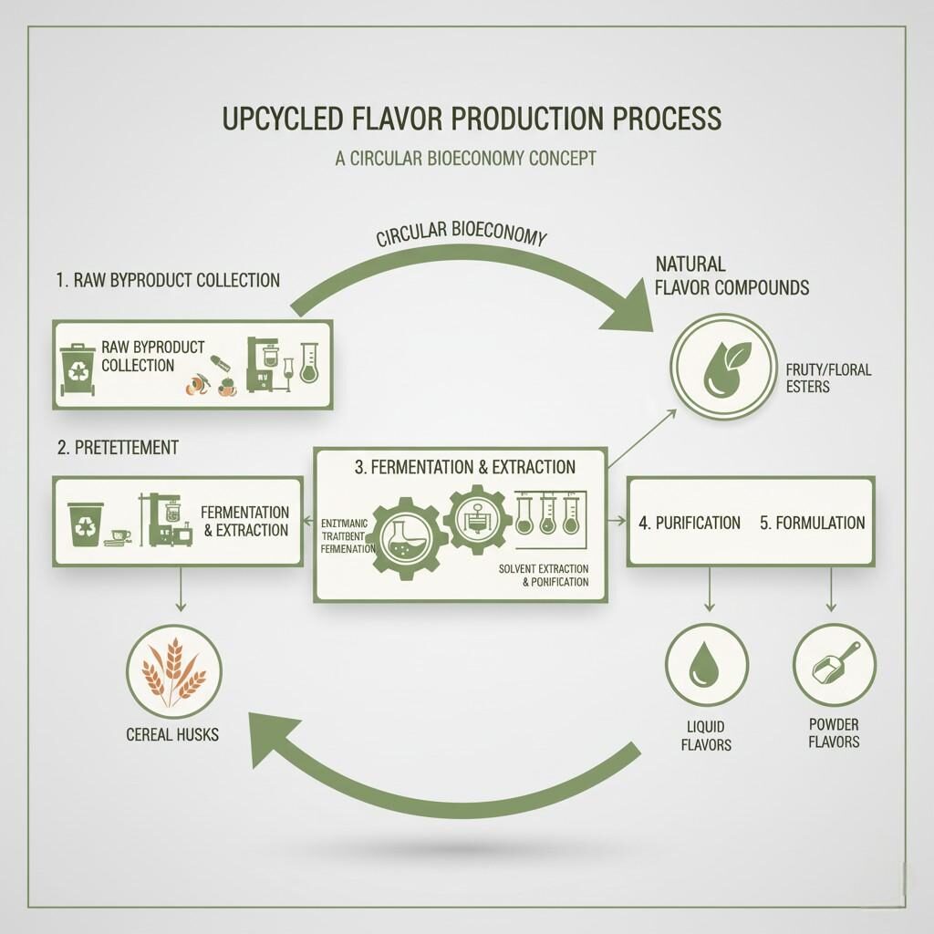 Discover the detailed process of upcycled flavor production with this diagram, outlining key steps from raw byproduct collection and pretreatment to fermentation/extraction, purification, and final formulation into liquid or powder flavors, emphasizing a sustainable, circular bioeconomy approach.