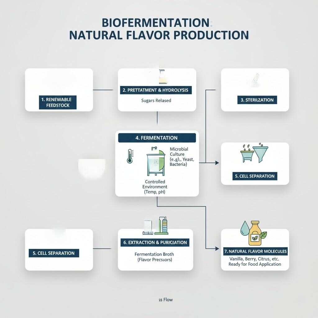 This flowchart outlines the biofermentation process, detailing how natural flavor molecules are sustainably produced from renewable feedstocks, showcasing a key method in modern food and flavor biotechnology.
