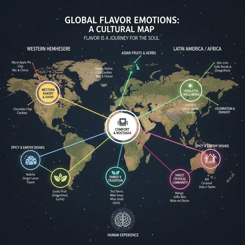 Discover a cultural flavor map illustrating how diverse regional tastes evoke specific emotions and narratives. From "comfort & nostalgia" in Western bakery and dairy to "vitality & well-being" in Asian fruit blends, this map connects global flavor preferences with underlying human experiences and storytelling, showcasing how food impacts our emotions.