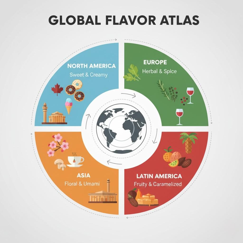 Discover regional culinary preferences with this "Global Flavor Atlas" map, categorizing tastes like North America's sweet & creamy, Europe's herbal & spice, Asia's floral & umami, and Latin America's fruity & caramelized.
