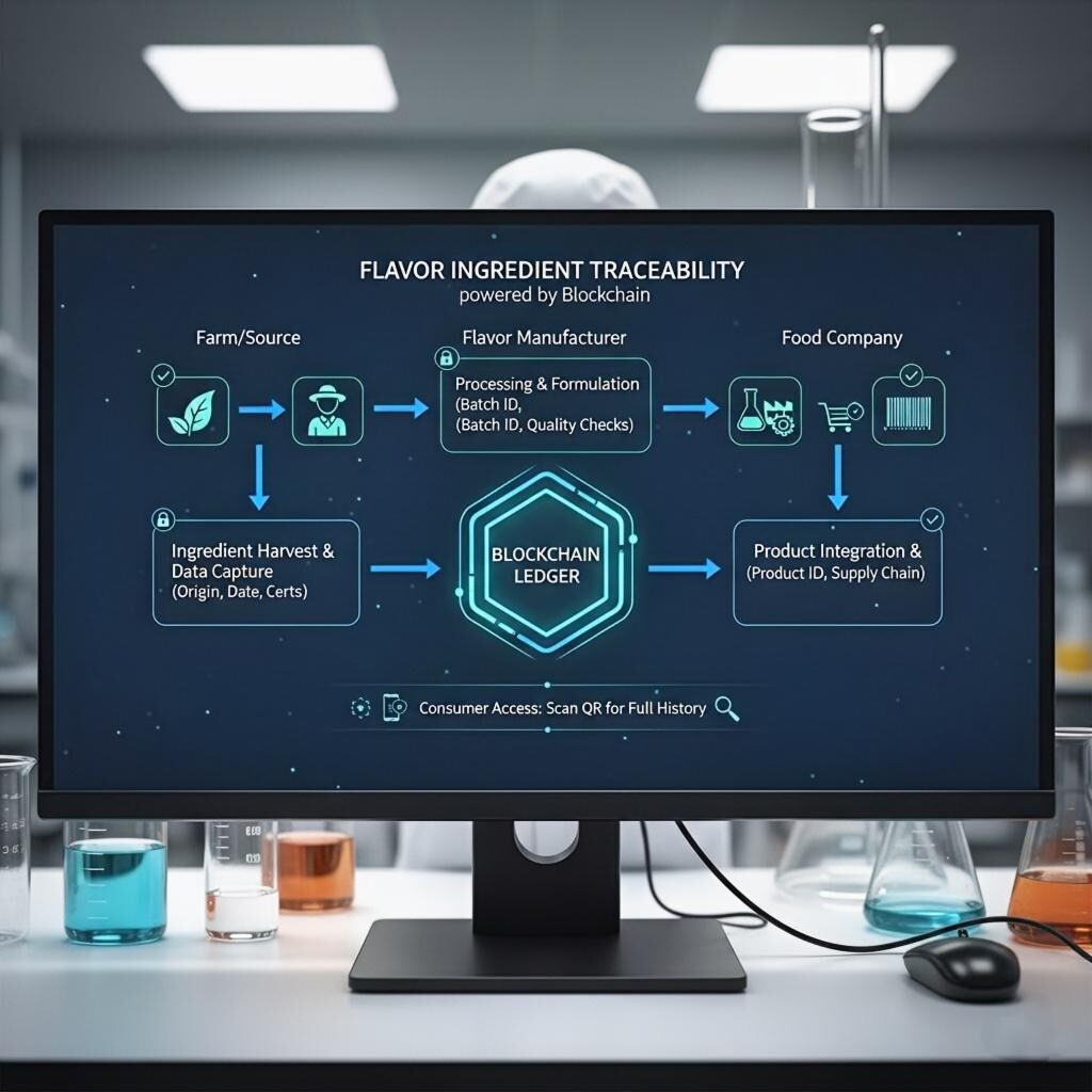 Visualize the power of blockchain in the food industry with this flow diagram demonstrating flavor ingredient traceability from the farm source, through the flavor manufacturer, to the final food company. An ideal image for blogs exploring food safety, supply chain transparency, and the application of blockchain technology in ingredient sourcing.