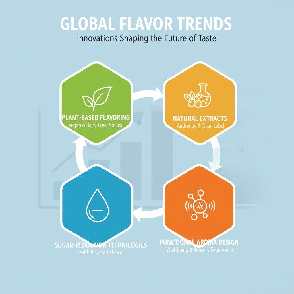 An insightful infographic highlighting the top global flavor trends shaping the food and beverage industry, including the rise of plant-based flavoring, demand for natural extracts, advancements in sugar-reduction technologies, and the emergence of functional aroma design. Essential for understanding the future of taste.