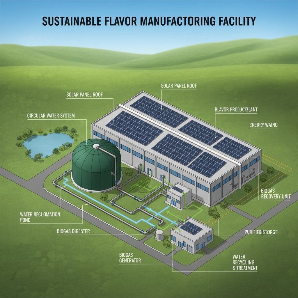 This schematic illustrates a sustainable flavor manufacturing facility featuring rooftop solar panels for clean energy, a biogas recovery unit for waste-to-energy conversion, and an integrated circular water system with reclamation and recycling, demonstrating advanced eco-friendly industrial practices.