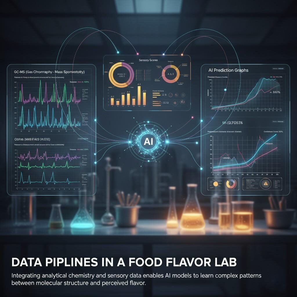 Visualize the sophisticated data pipelines within a modern food flavor lab. This image shows the integration of GC-MS output charts, sensory evaluation scores, and AI prediction graphs, demonstrating how analytical chemistry and sensory data are combined to train AI models and unlock complex relationships between molecular structure and flavor.
