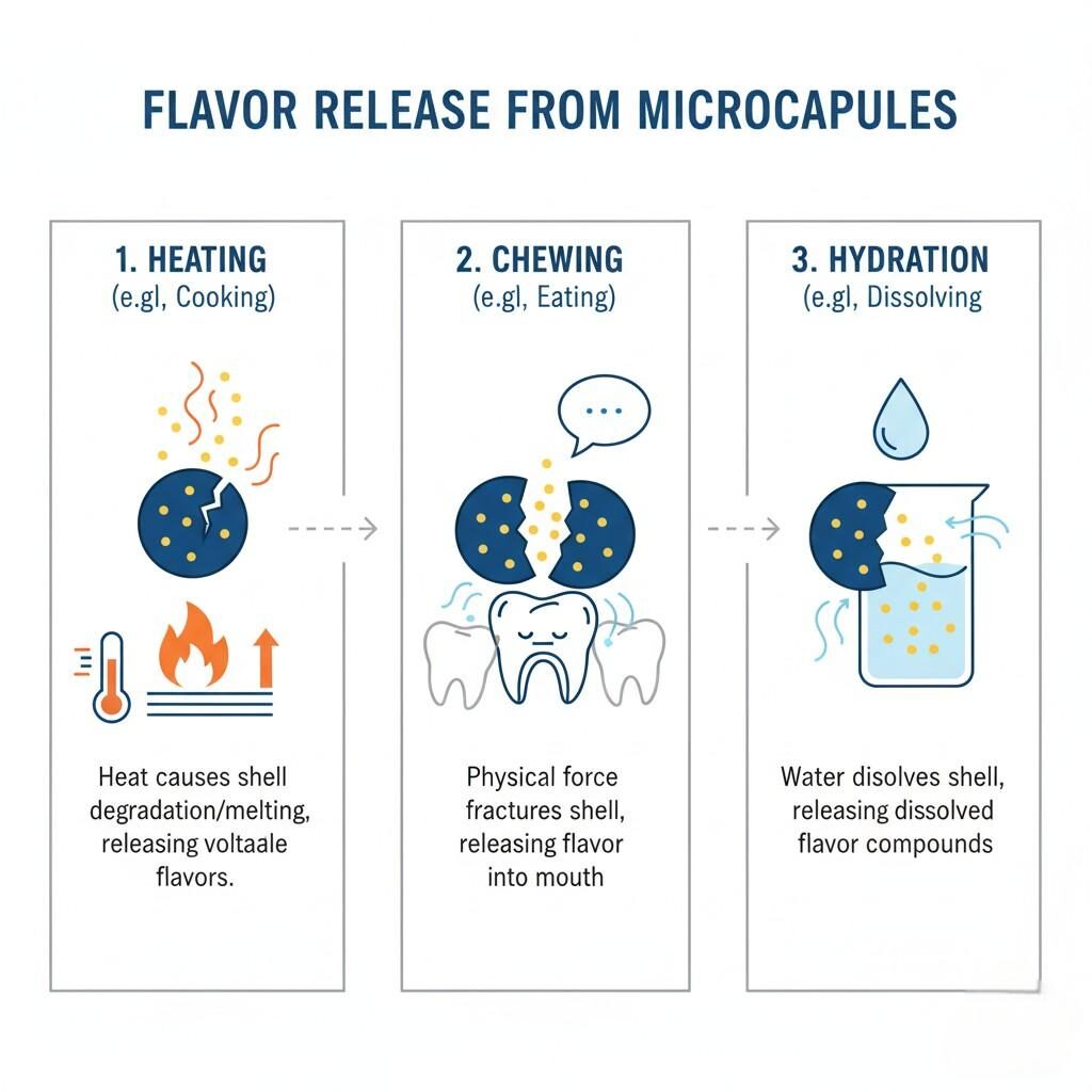  A diagram illustrating the various mechanisms by which microcapsules release flavor, including thermal degradation from heating, physical fracturing from chewing, and dissolution due to hydration.