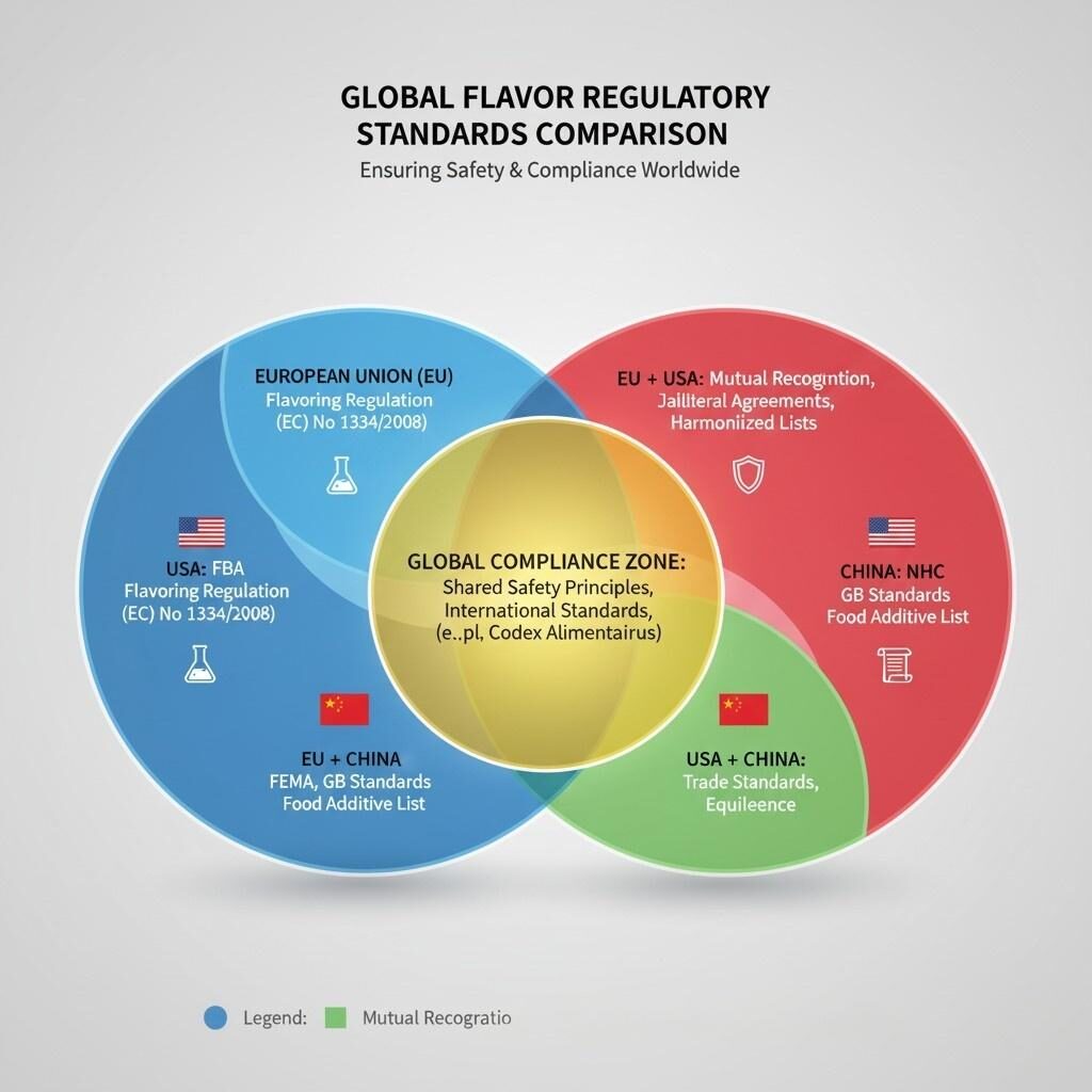  This visual comparison illustrates the complex landscape of global flavor regulatory standards across the EU, USA, and China, highlighting their individual frameworks and the critical overlapping zones of safety compliance that facilitate international trade.