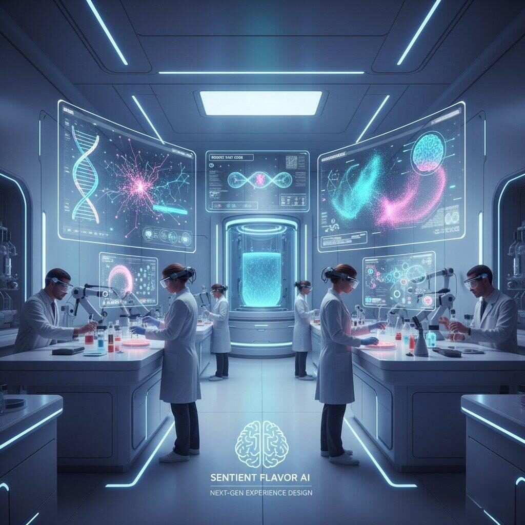  A stunning futuristic visualization of an AI-powered flavor lab, where scientists utilize advanced sensory mapping tools and artificial intelligence to design and optimize next-generation consumer experiences. This image showcases the cutting edge of food innovation and technology, where data and science converge to create novel flavor profiles and products.