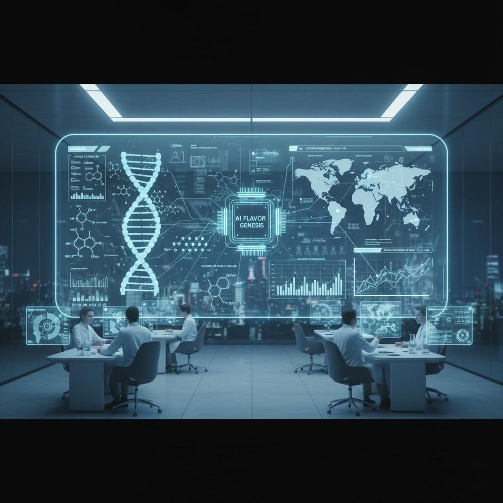 A futuristic visualization of digital flavor R&D, where an AI interface meticulously analyzes complex molecular structures and vast consumer data from across multiple continents, driving next-generation flavor innovation.