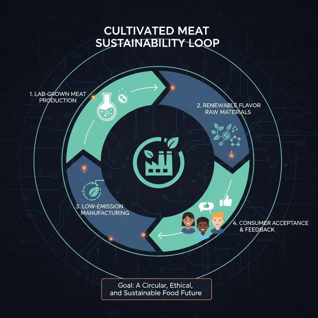 An illustrative visual depicting the comprehensive sustainability loop of cultivated meat, encompassing lab-grown meat production, renewable flavor raw materials, low-emission manufacturing processes, and the critical feedback cycle of consumer acceptance. This diagram emphasizes the goal of creating a circular, ethical, and sustainable food future.