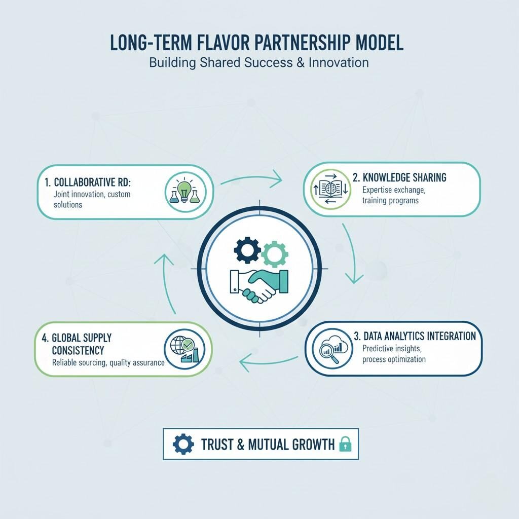 An infographic illustrating a comprehensive long-term flavor partnership model designed to build shared success and innovation. It highlights four key pillars: collaborative R&D for joint innovation, extensive knowledge sharing, seamless data analytics integration for predictive insights, and robust global supply consistency for reliable sourcing. The model emphasizes trust and mutual growth as its foundation.