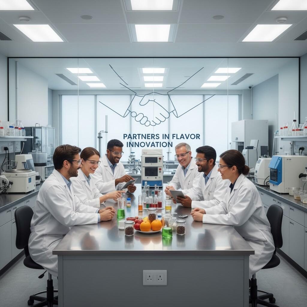 A vibrant photo captures a diverse team of flavor technologists and food product developers collaborating in a cutting-edge laboratory. This image symbolizes a strong, long-term supplier–customer partnership dedicated to innovation, shared expertise, and the creation of exceptional flavors for the food industry.