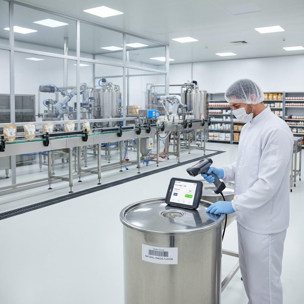 An aspirational image depicting a bright, modern food production floor. An employee in a clean-room uniform precisely scans a barcoded flavor container with a handheld device, linked to a visible digital inventory system. The background showcases automated machinery and a spotless processing line, symbolizing efficiency, precision, and the critical connection between smart inventory and high-quality food production.