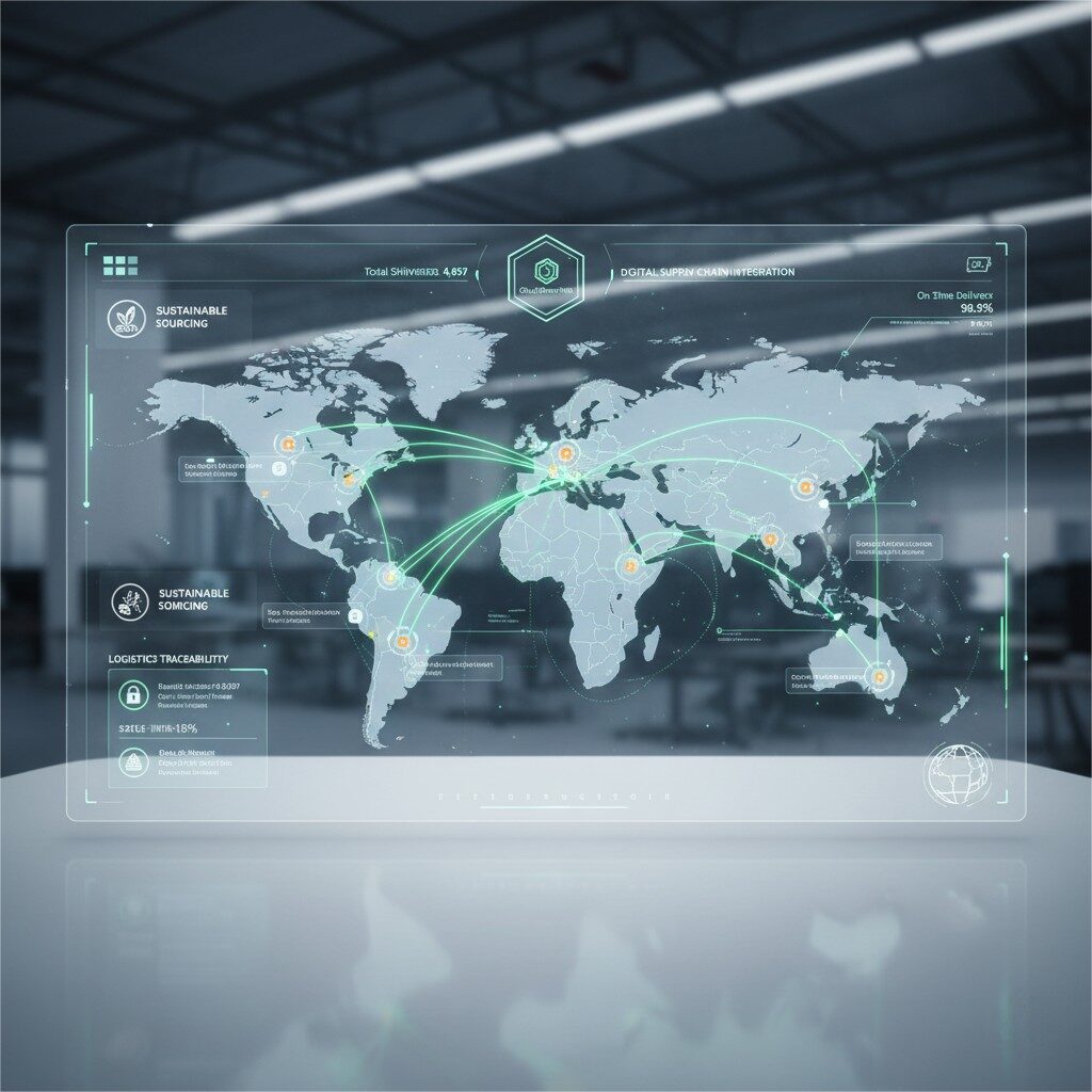  An advanced global map visualizing a modern flavor supply network, highlighting critical aspects such as sustainable sourcing practices, robust logistics traceability for transparency, and seamless digital supply chain integration for enhanced efficiency and reliability in the worldwide flavor industry.