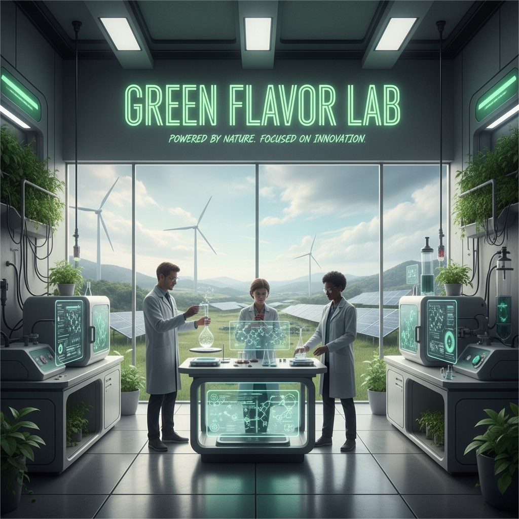 A futuristic "Green Flavor Lab" rendering depicts researchers analyzing sustainable bio-flavor molecules within a state-of-the-art facility powered by renewable energy, including wind turbines and solar panels visible through large windows, symbolizing innovation driven by nature