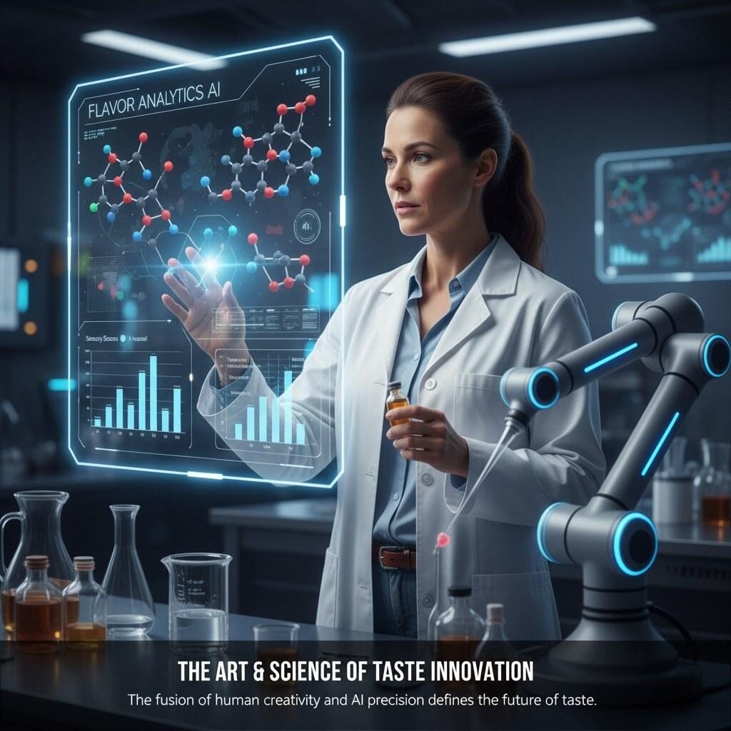 Witness the cutting-edge collaboration between human expertise and artificial intelligence. This image depicts a flavorist interacting with an AI holographic interface displaying molecular structures and sensory scores, symbolizing the powerful fusion of human creativity and AI precision that is shaping the future of taste innovation in food development.