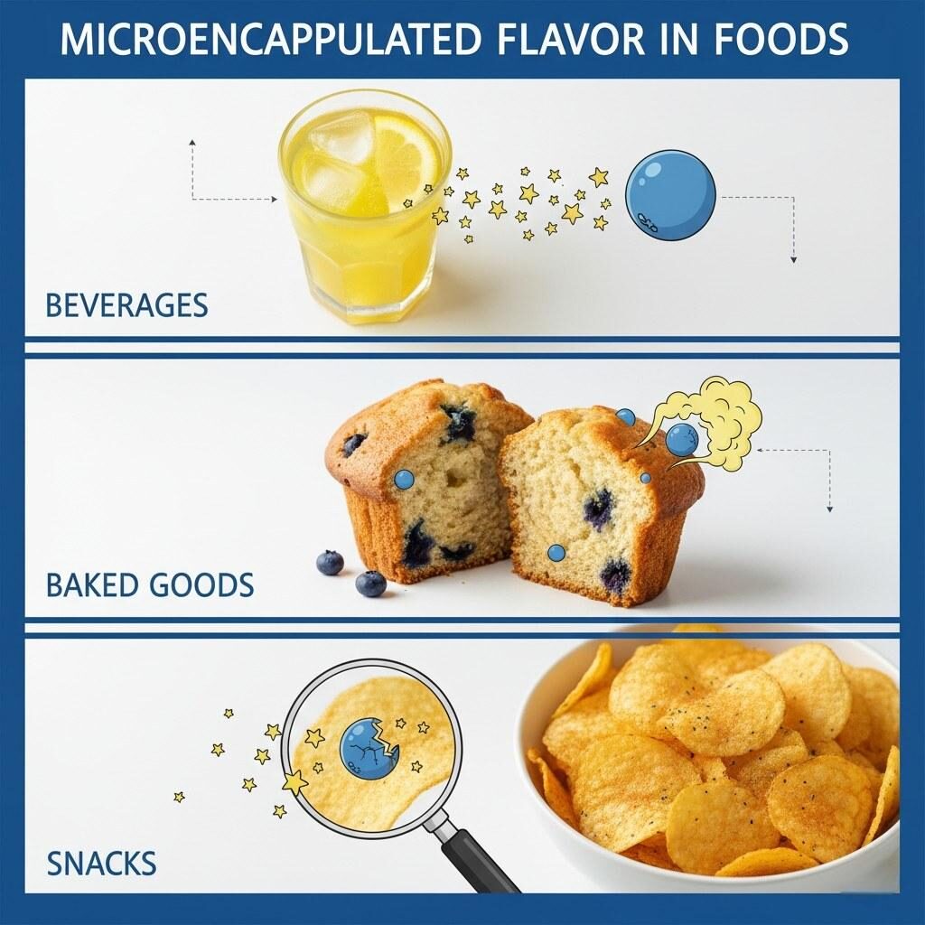 A conceptual image demonstrating the versatile integration of microencapsulated flavor particles into various food products, including refreshing beverages, delicious baked goods, and crispy snacks, highlighting their application in different food matrices.
