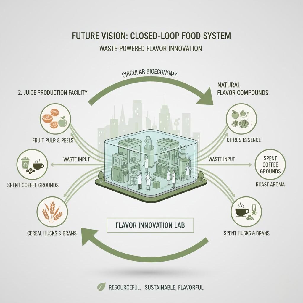 Envision the future of food with this image depicting a closed-loop system where waste from juice, coffee, and cereal production seamlessly feeds into advanced flavor innovation labs, transforming byproducts into natural flavor compounds for a truly circular and sustainable food industry.