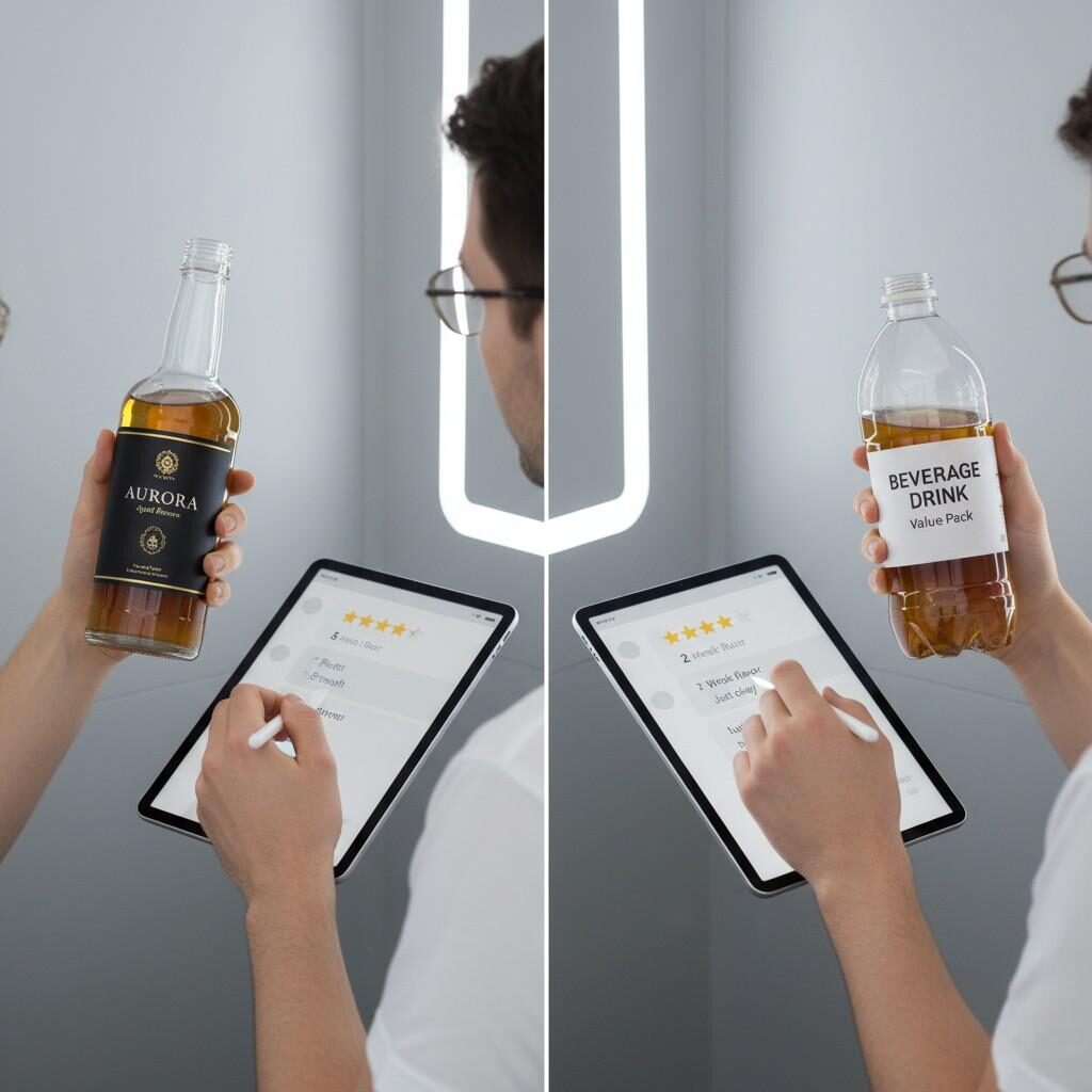 引人注目的对比图展示了包装对消费者认知的影响。两种相同的饮料分别采用优质包装和普通包装，相应的数字屏幕显示盲味测试中不同的消费者评级，凸显了品牌和展示的力量。