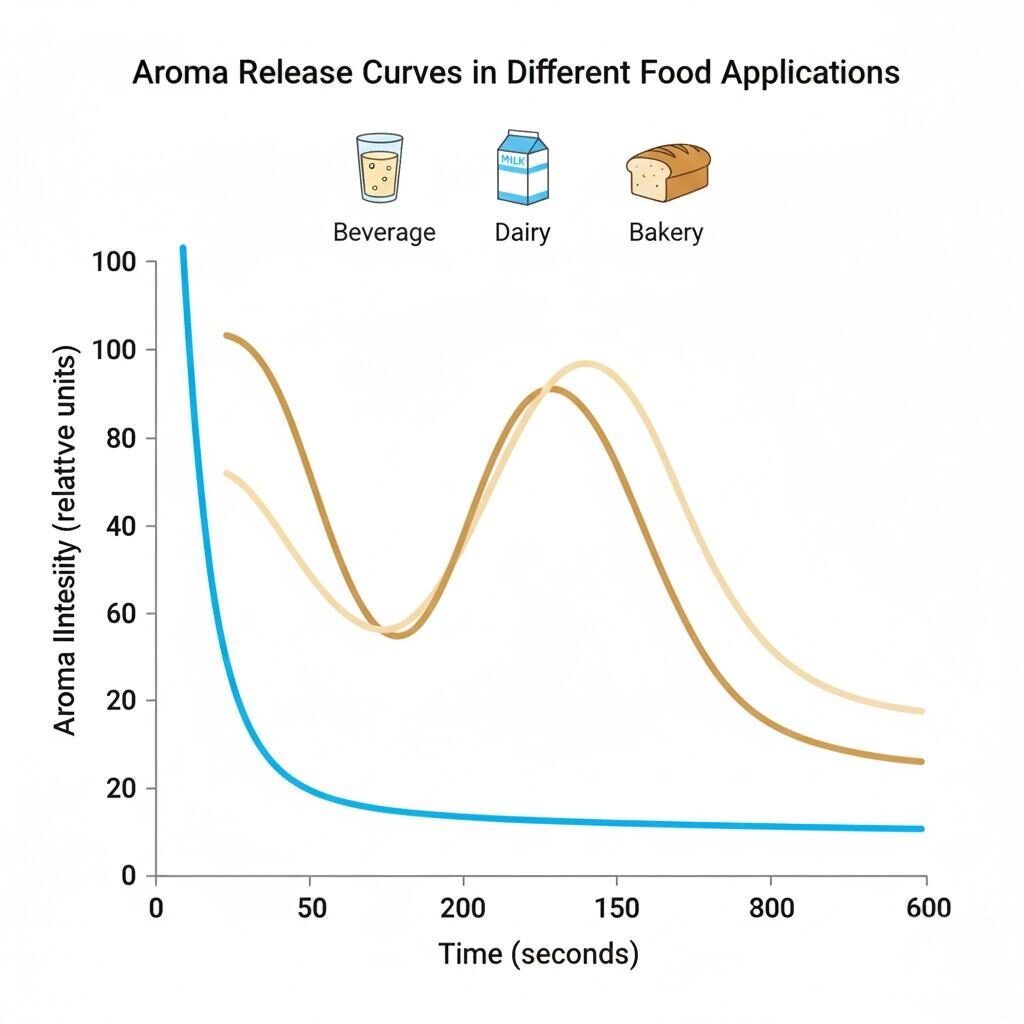 Ce diagramme illustre les courbes typiques de libération d'arômes dans différentes matrices alimentaires, en particulier les boissons, les produits laitiers et les produits de boulangerie. Il fournit une représentation visuelle de la façon dont l’intensité des arômes évolue au fil du temps dans ces diverses applications, ce qui est crucial pour comprendre la perception des saveurs et le développement de la science alimentaire.