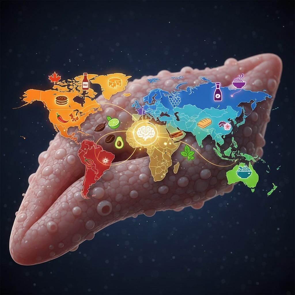 استكشف خريطة العالم الفريدة المصممة على شكل براعم التذوق، مع إبراز مناطق مختلفة باستخدام أيقونات تمثل مكوناتها النموذجية ونكهاتها. من الفلفل الحار في أمريكا اللاتينية إلى الزنجبيل في شرق آسيا والقرفة في منطقة الشرق الأوسط وشمال أفريقيا، يقدم هذا التصور الإبداعي رحلة طهي عالمية.