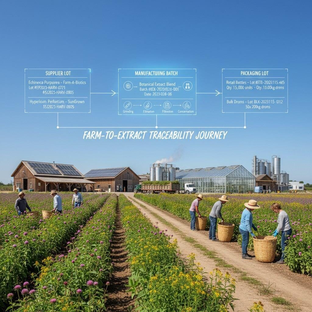 Explore el recorrido integral de trazabilidad de los productos botánicos desde la granja hasta el extracto. Esta imagen vincula visualmente lotes de proveedores, lotes de fabricación y lotes de embalaje, mostrando la documentación y el proceso detallados en una instalación de procesamiento y cosecha botánica para garantizar la transparencia y el control de calidad.