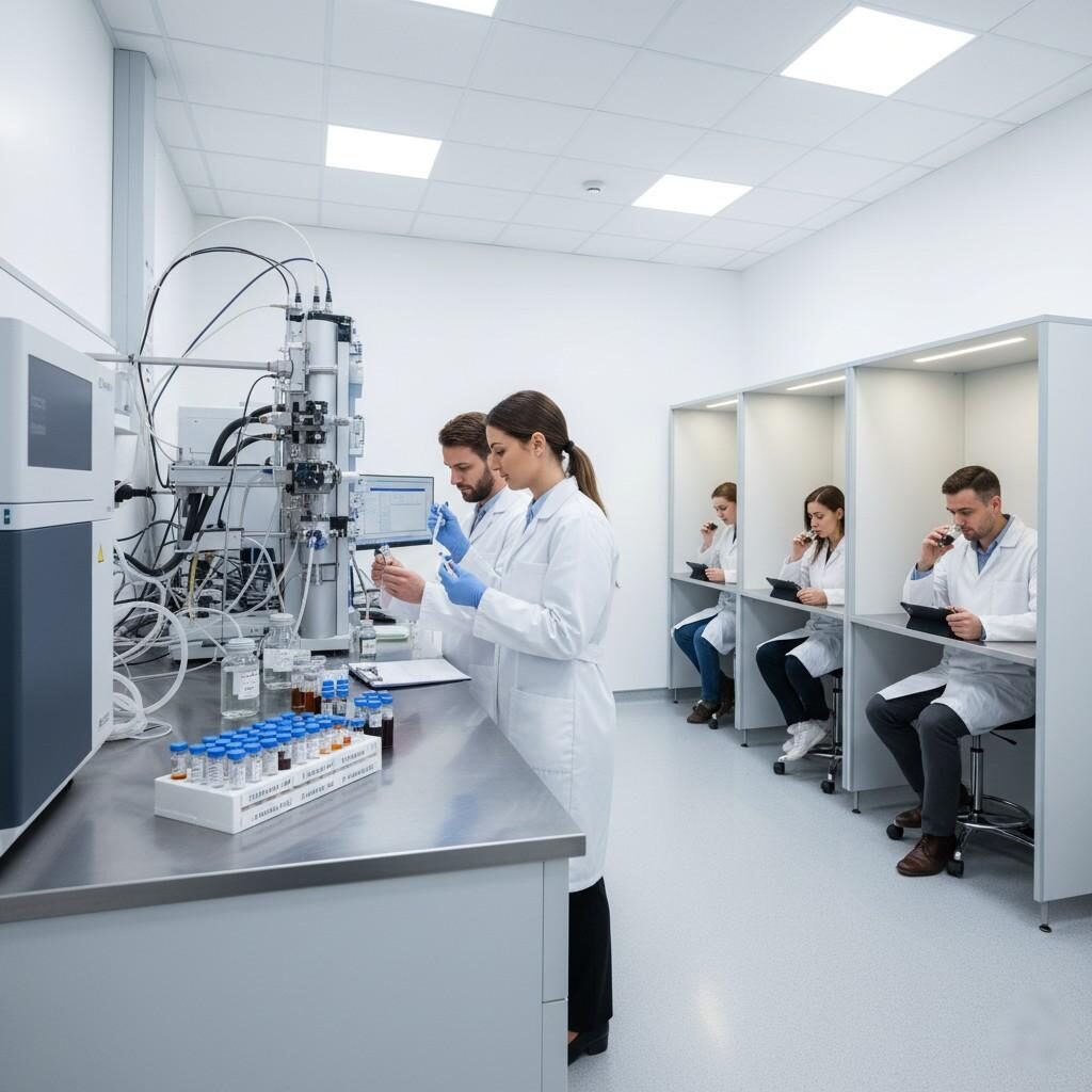 Una escena de laboratorio analítico que muestra pruebas de estabilidad del sabor, incluidos científicos trabajando con un instrumento GC-MS y un panel sensorial que evalúa muestras. Esta imagen visualiza los procesos integrales de evaluación analítica y sensorial cruciales para determinar la vida útil del sabor.