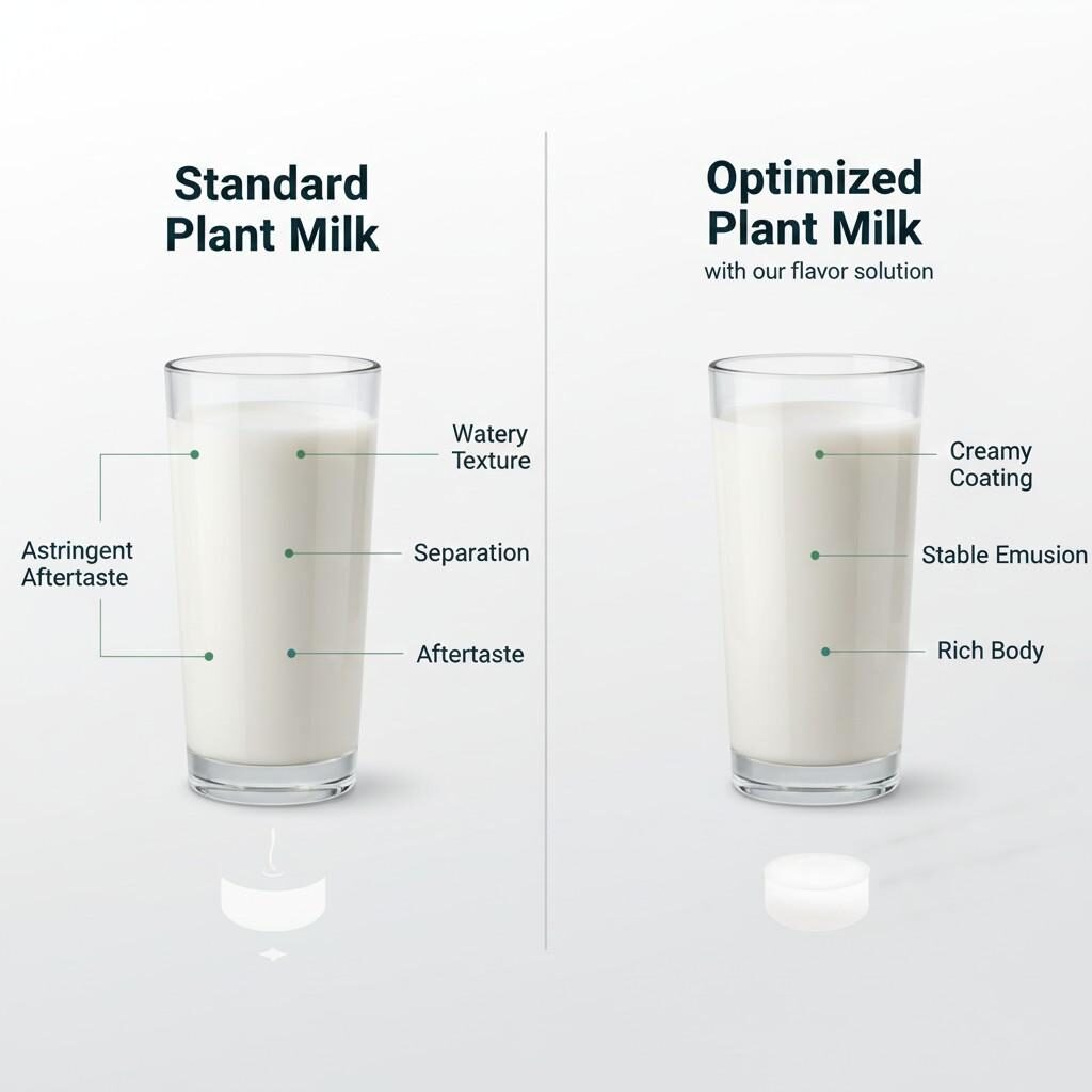 Esta infografía compara visualmente los atributos sensoriales de la leche vegetal estándar con la leche vegetal optimizada mediante una solución de sabor especializada. Destacando mejoras en la textura de acuosa a cremosa, mayor estabilidad de la emulsión y un cuerpo más rico, demuestra cómo las soluciones específicas pueden superar desafíos comunes como la separación y los regustos astringentes en las bebidas a base de plantas.