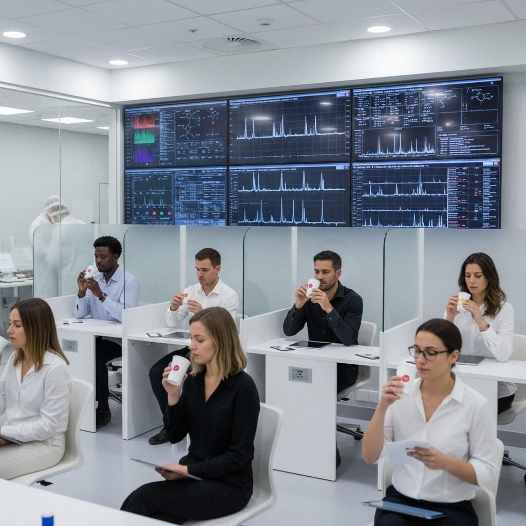 Una foto reveladora captura un panel sensorial que realiza diligentemente pruebas de sabor a ciegas utilizando vasos de muestra codificados, con datos intrincados de GC-MS (cromatografía de gases-espectrometría de masas) mostrados en pantallas de fondo, lo que ilustra la precisión científica detrás de la evaluación de alimentos y bebidas.