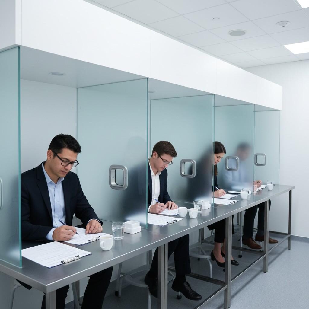 受控感官评估室的图片，训练有素的小组成员在各个摊位中使用标准化感官表对风味强度、香气持久性、甜味平衡和整体喜好进行仔细评分，以确保客观和一致的产品评估。