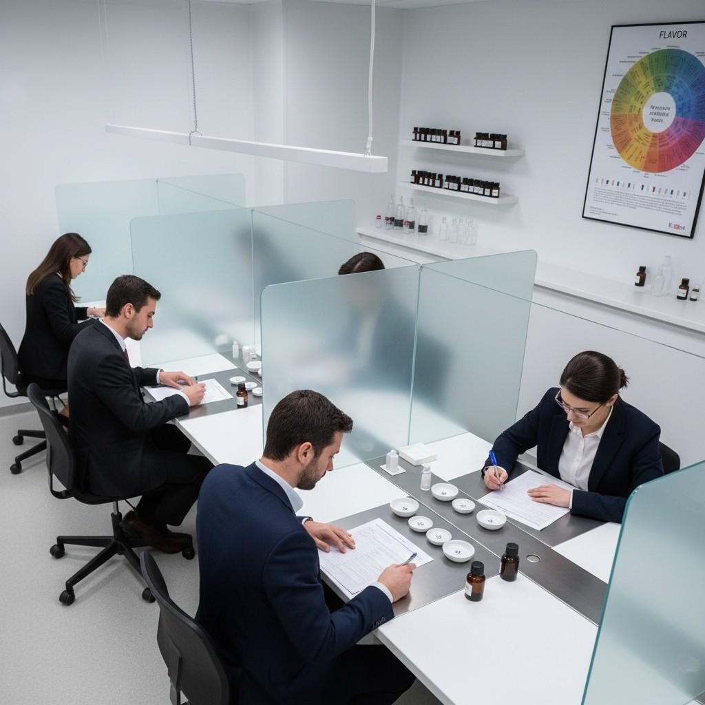 صورة لمنشأة تقييم حسي احترافية حيث يقوم أعضاء اللجنة المدربون بإجراء تحليل وصفي، وتقييم المنتجات بدقة باستخدام نماذج موحدة ومراجع الرائحة في بيئة خاضعة للرقابة لضمان تقييم دقيق وموضوعي للنكهة.