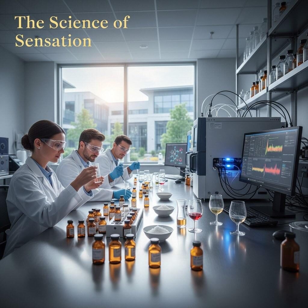 متخصصو النكهات المحترفون في مختبر حديث يستخدمون الفصل اللوني للغاز والتحليل الحسي لتفكيك ملفات تعريف الرائحة. وهذا يوضح الدقة التقنية المطلوبة لتصميم النكهات التي تثير استجابات عاطفية محددة.