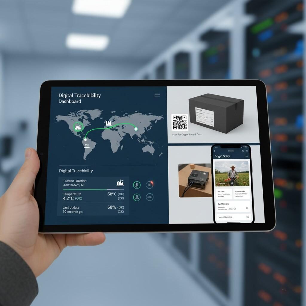 Descubra las tecnologías de vanguardia que impulsan la trazabilidad de la cadena de suministro moderna. Esta imagen presenta un panel de trazabilidad digital con datos de sensores de IoT en tiempo real, un código QR en el empaque que vincula la historia del origen de un producto, destacando las herramientas avanzadas utilizadas para mejorar la transparencia y el seguimiento desde la granja hasta el consumidor.