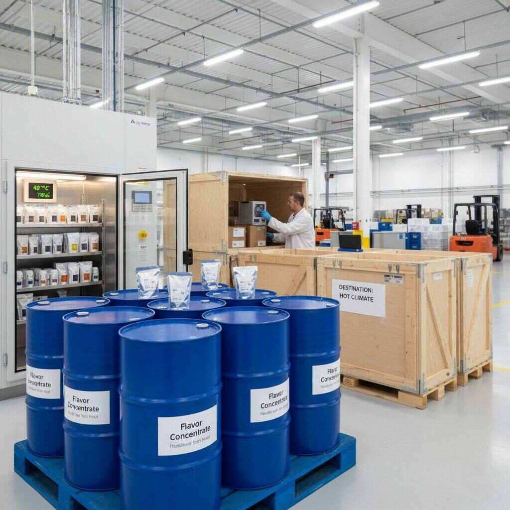 Una imagen que muestra los aspectos críticos del almacenamiento y distribución de concentrados de sabor, con tambores de barrera, una cámara de estabilidad etiquetada "40 °C/75 % HR" y cajas de envío preparadas para destinos de clima cálido, enfatizando el impacto del embalaje y la logística en la estabilidad del producto.