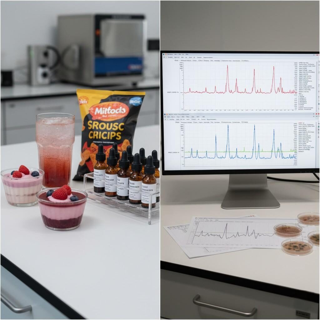 Ce collage convaincant relie visuellement le parcours de développement des arômes, présentant une variété de produits aromatisés finis, notamment des boissons, des desserts et des collations, ainsi que les outils scientifiques utilisés dans leur création. Il comprend des flacons de laboratoire contenant des extraits d'arômes et des chromatogrammes GC-MS détaillés, soulignant la précision et l'innovation impliquées dans la mise sur le marché de délicieuses saveurs du laboratoire.