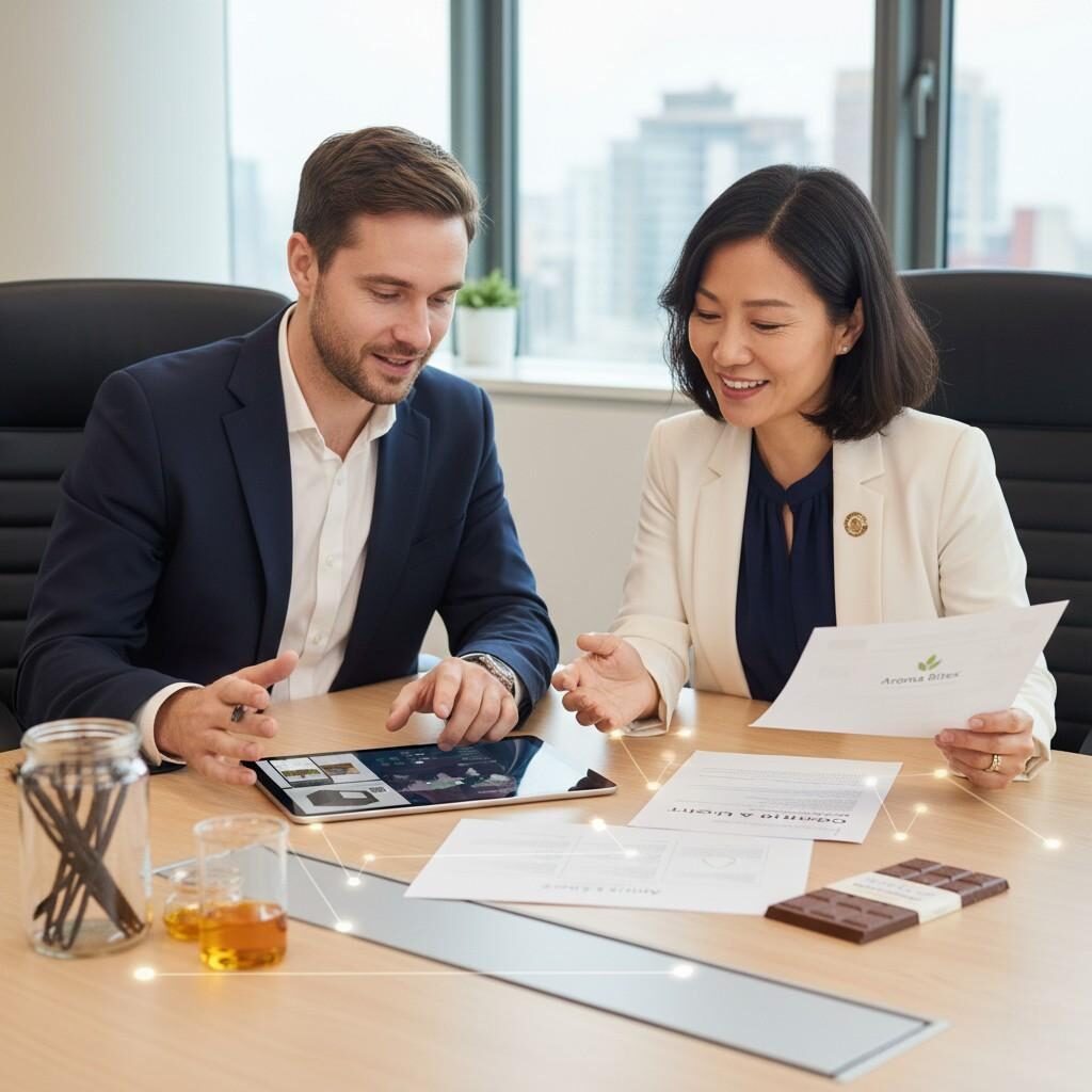 Esta imagen captura a un proveedor de sabores y un representante de una marca de alimentos y bebidas colaborando en torno a los datos de trazabilidad, lo que simboliza la sólida confianza fomentada por la transparencia total de la cadena de suministro. Destaca la importancia de compartir datos y documentación de origen para construir asociaciones sólidas y confiables dentro de la industria de alimentos y bebidas.
