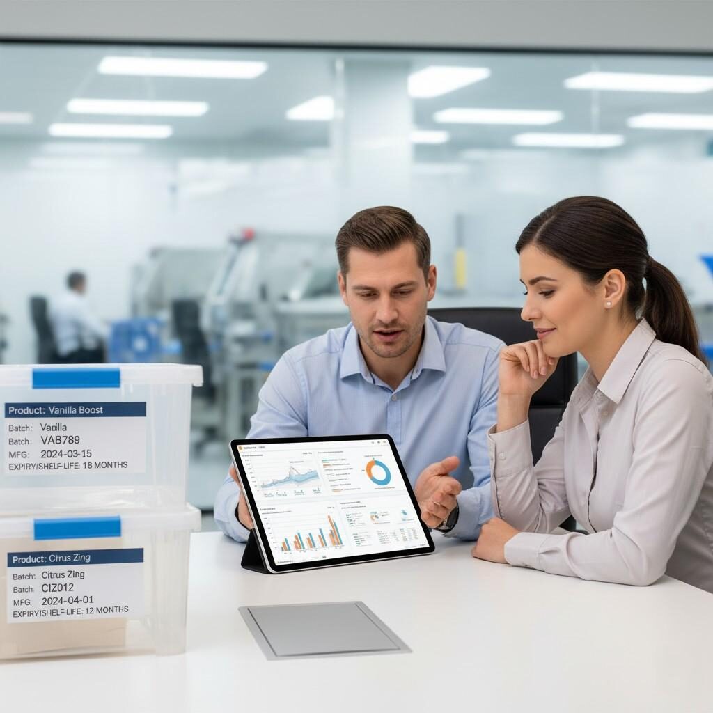 Una imagen profesional que muestra a un proveedor de sabores y un representante de una marca de alimentos y bebidas revisando en colaboración los datos de estabilidad de la vida útil en una tableta, con contenedores de producción claramente etiquetados con fechas de caducidad. Esta imagen simboliza transparencia, colaboración y garantía mutua de la frescura y calidad del producto.