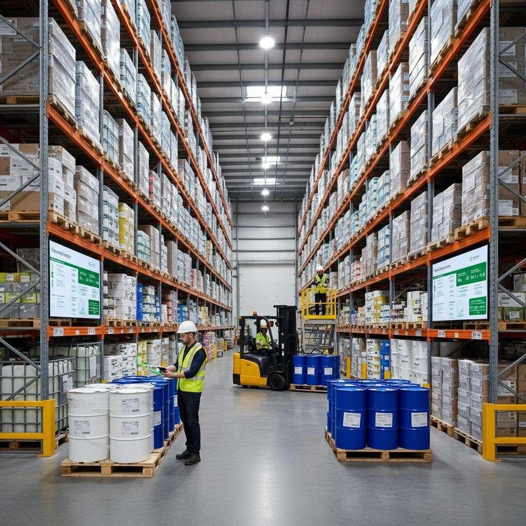 An image depicting a highly organized ingredient warehouse or logistics center, featuring neatly arranged pallets of flavoring drums, a forklift in operation, and a worker actively scanning inventory with a barcode reader. This visual effectively illustrates discussions around supply-chain and inventory planning, highlighting strategies to avoid downtime and ensure operational efficiency.