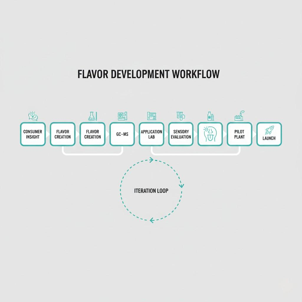 A detailed process map outlining the flavor development workflow, from initial consumer insight and flavor creation through GC-MS analysis, application lab testing, sensory evaluation, pilot plant scaling, and final product launch, highlighting an iterative development cycle.