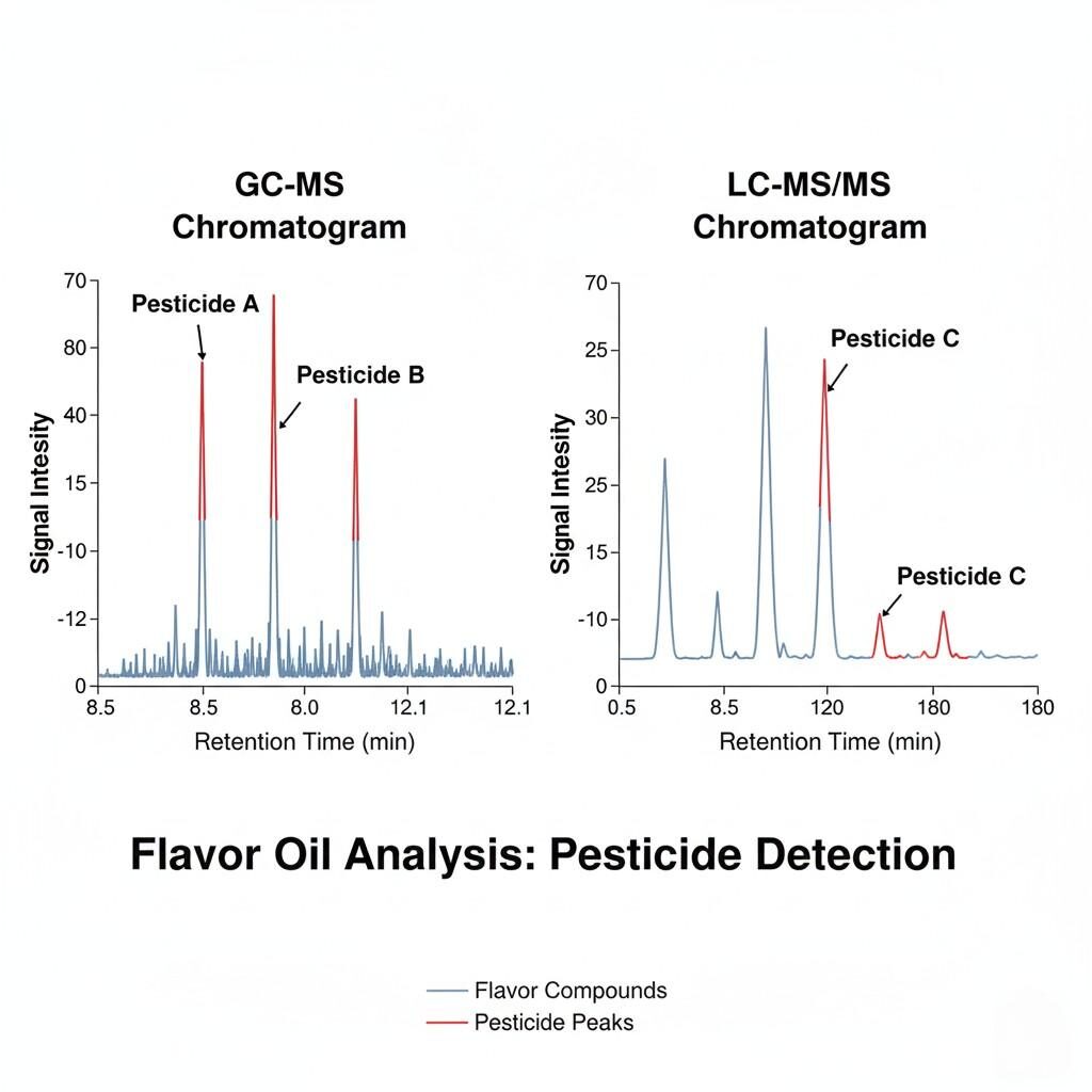 A side-by-side display of GC-MS and LC-MS/MS chromatograms clearly highlighting the identification of pesticide peaks within flavor oil samples. This visual effectively demonstrates advanced analytical techniques used for detecting contaminants and ensuring the safety and quality of flavor ingredients.
