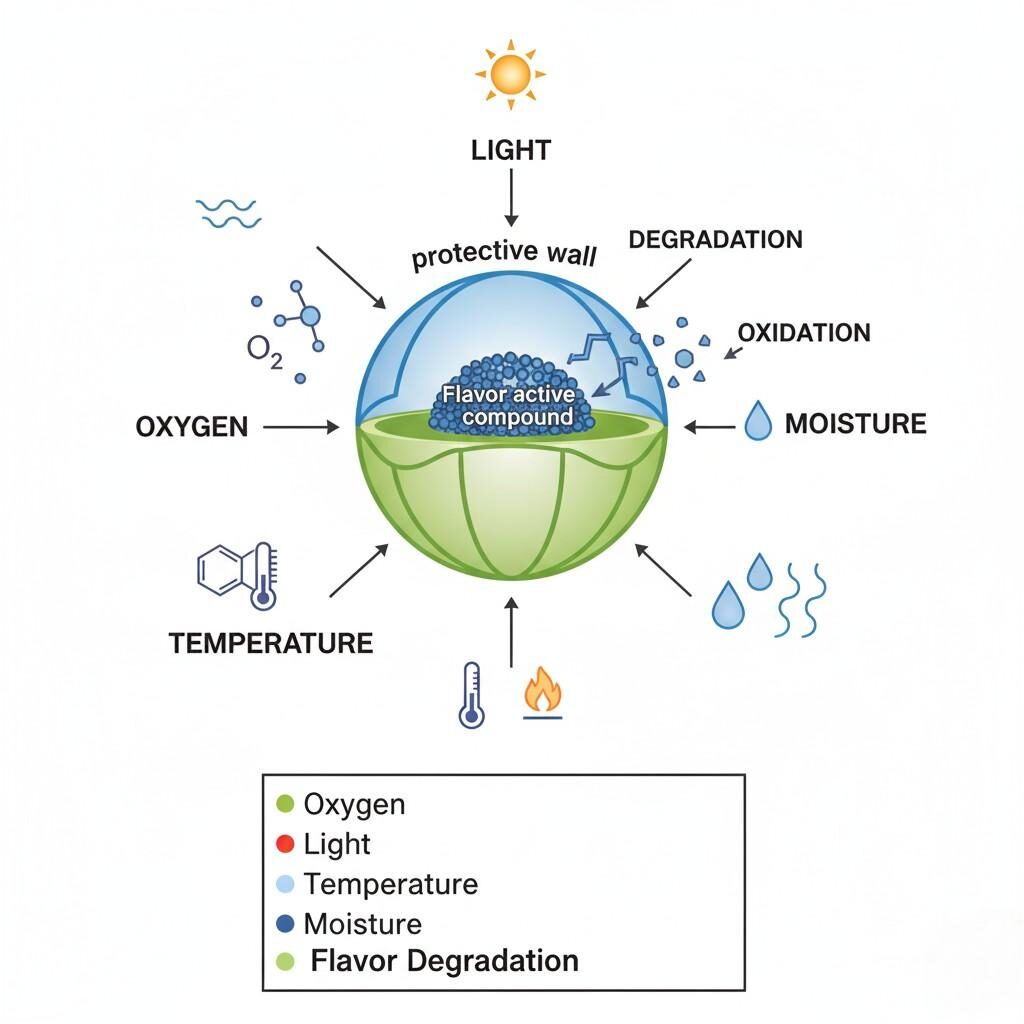 This schematic diagram illustrates the major degradation factors—oxygen, light, temperature, and moisture—and their interactions with a flavor droplet or encapsulated microcapsule. Visualizing how these environmental elements lead to oxidation and overall flavor degradation, it's an essential resource for understanding flavor stability in food science and product development.