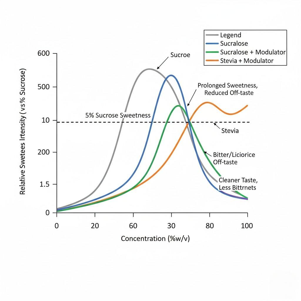 A technical diagram illustrating the sweetness curves of various sweeteners, comparing sucrose with sucralose, stevia, and their modulator-enhanced versions. The graph plots relative sweetness intensity against concentration, highlighting differences in peak sweetness, onset, duration, and the impact of taste modulators on reducing off-tastes and improving the sweetness profile. This diagram is valuable for understanding the functional properties of sweeteners in food and beverage applications.