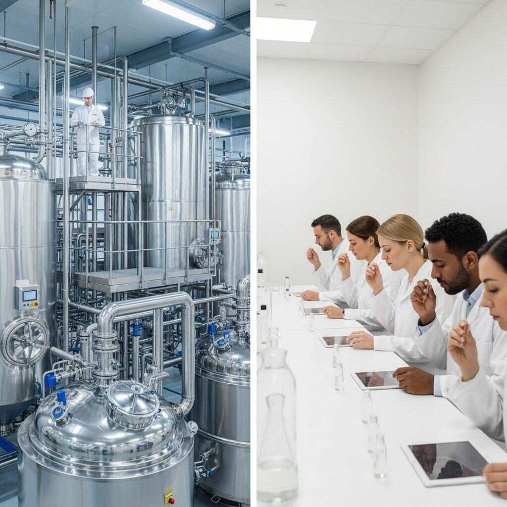  An image combining a view of gleaming premium flavor production vats in an advanced manufacturing facility with a dedicated sensory testing lab where experts are meticulously evaluating samples. This visual effectively illustrates the substantial manufacturing investment and rigorous quality control processes that underpin the creation of high-quality flavors, from large-scale production to precise human evaluation.