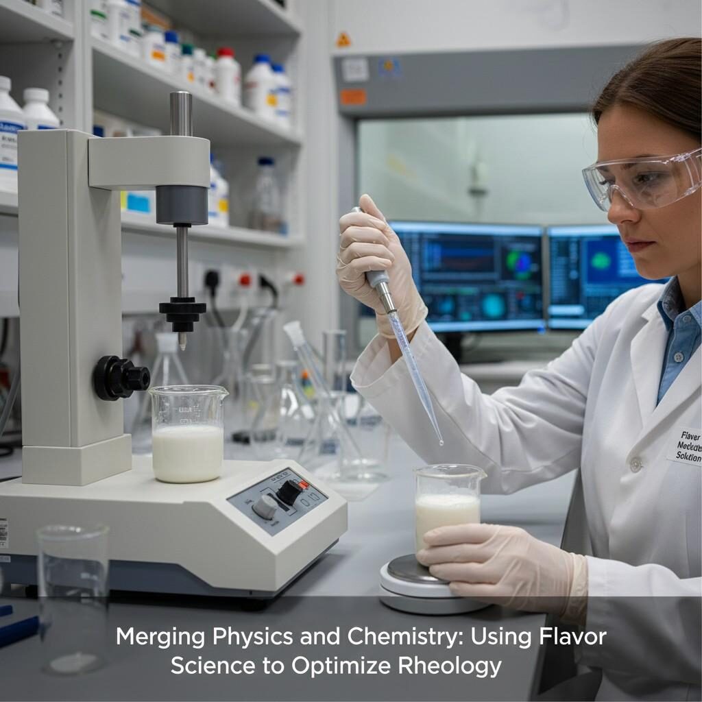  Discover how flavor scientists merge the principles of physics and chemistry to optimize food rheology. This image shows a rheometer analyzing viscosity alongside a scientist pipetting a flavor modulation solution into plant-based milk, demonstrating the innovative approach to enhancing both taste and texture in food products.